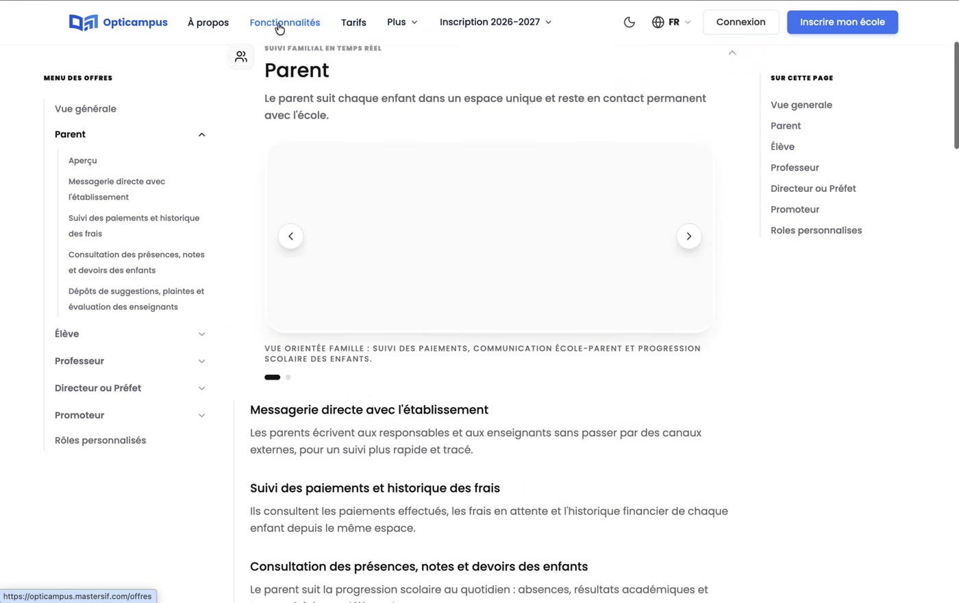 L'espace parent d'Opticampus École : messagerie, frais, présences et notes.