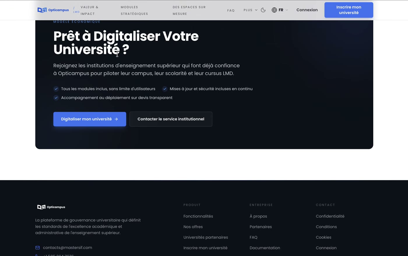 Le site Opti-campus en production, prêt à digitaliser l'université.